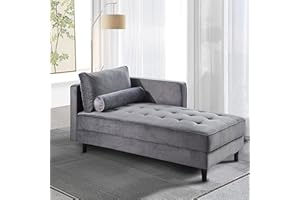 BAMOOLI 64'' Velvet Chaise Lounge Indoor, Modern Longue Chair Upholstered Chaise Longue with Support Pillow, Button Tufted Seat Cushion, Sleeper Sofa Recliner for Bedroom, Living Room, Apartment, Grey