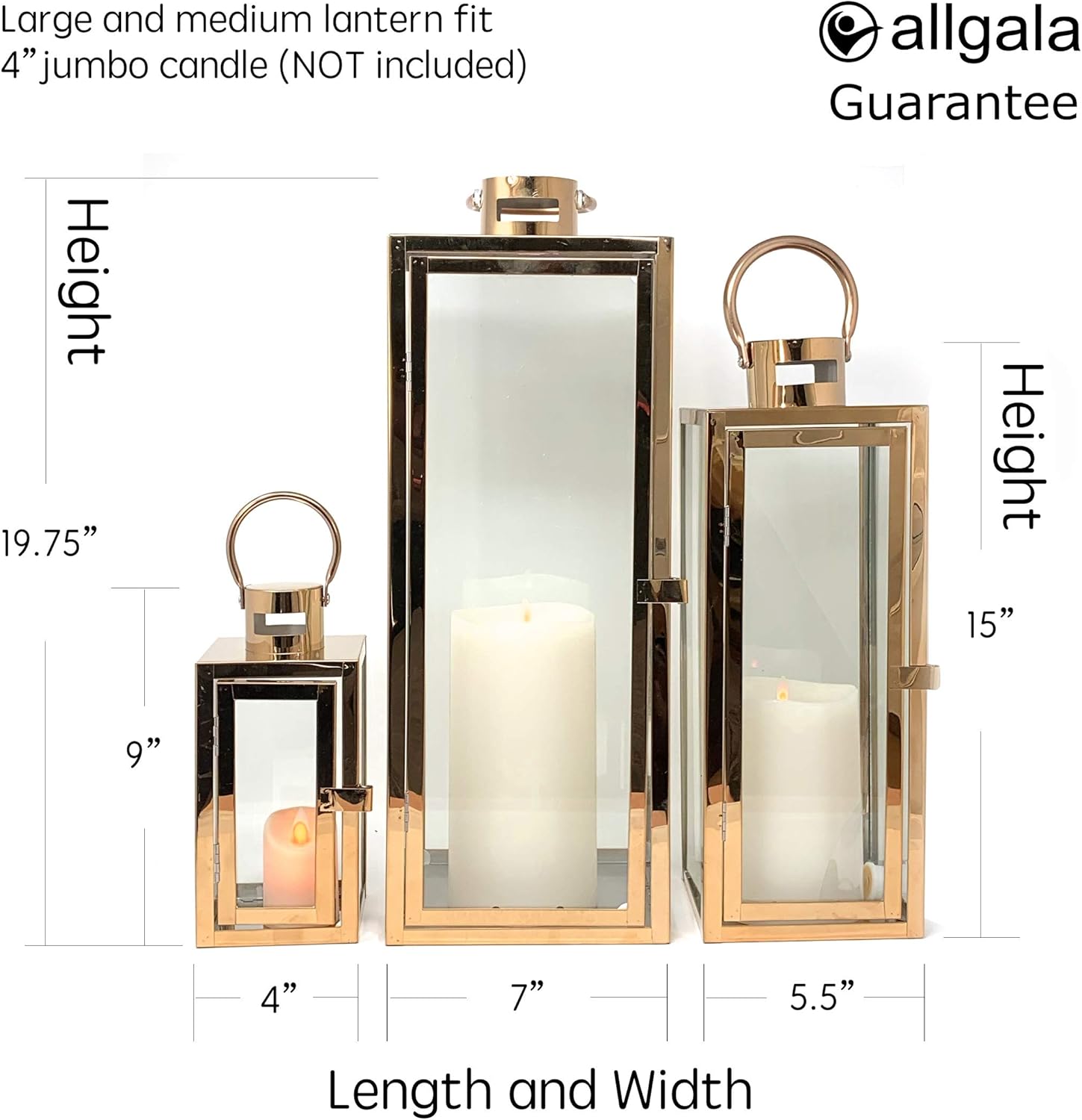 Allgala 3-PC Set Jumbo Luxury Modern Indoor/Outdoor Hurricane Candle Lantern Set with Chrome Plated Structure and Tempered Glass-Cuboid Rose Gold-HD88014: Kitchen & Dining
