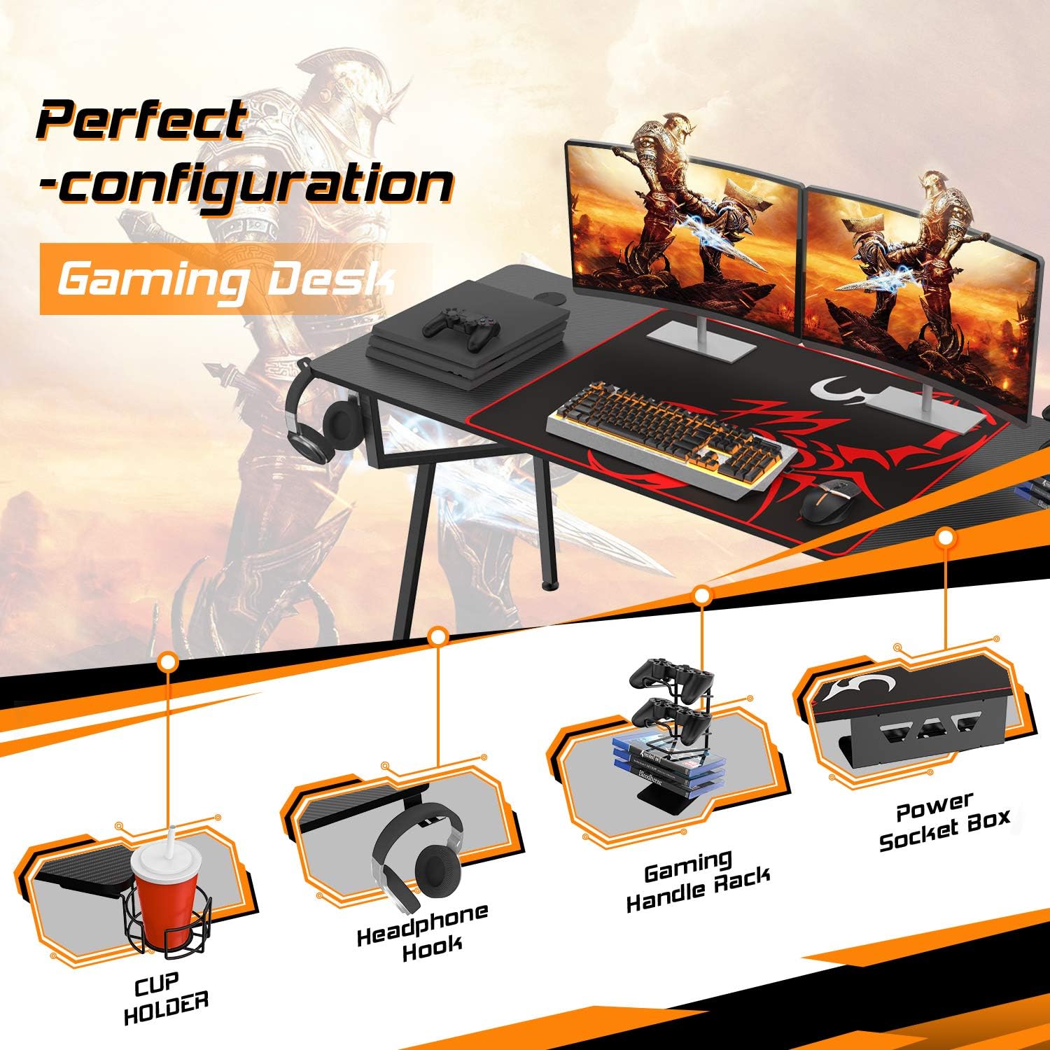 DESIGNA 63'' Gaming Desk, K-Shape Computer Desk with Free Mouse pad, Cup Holder& Headphone Hook & Controller Stand, Gamer Workstation for Home Office, Black: Kitchen & Dining