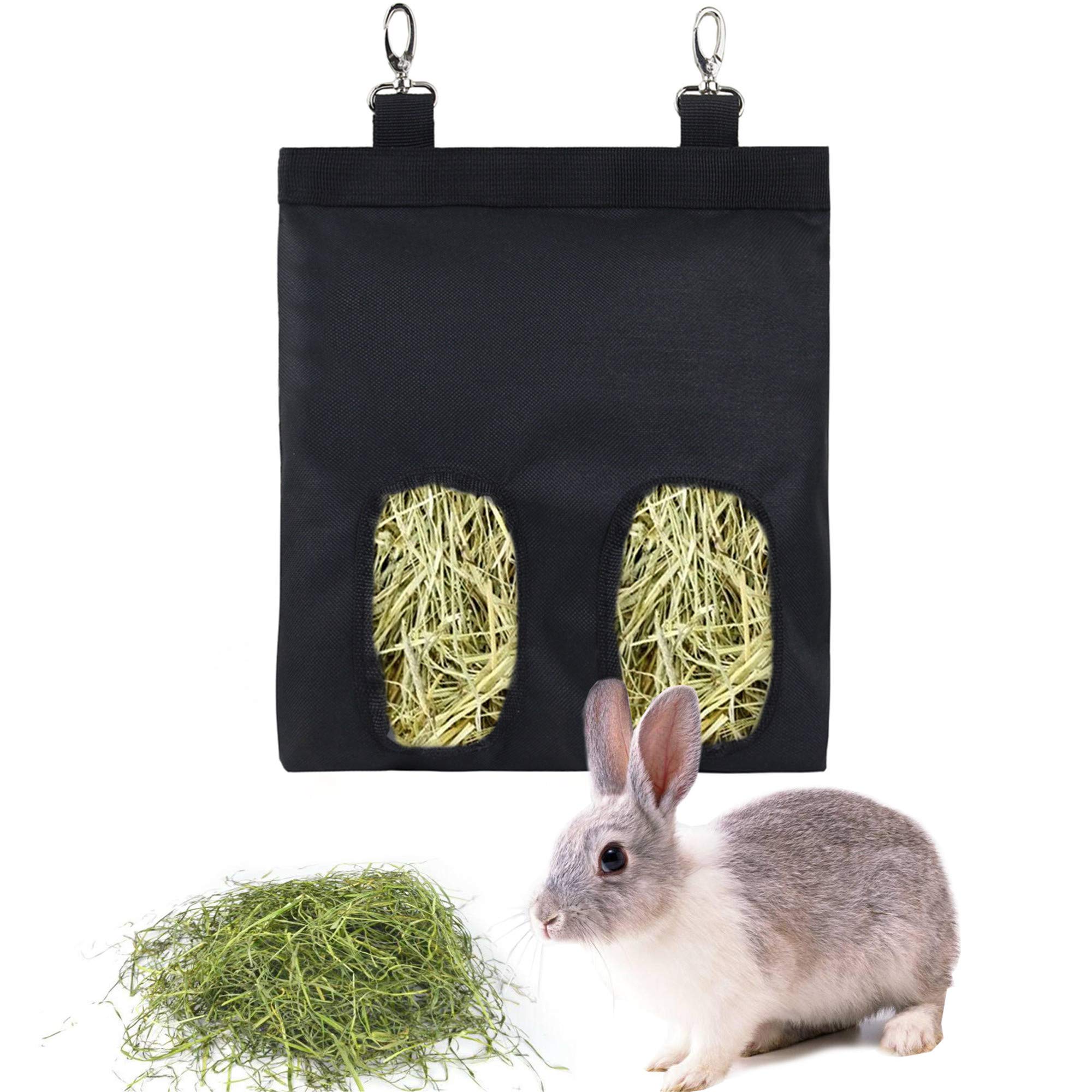 Rabbit Hay Feeder Bag Guinea Pigs Hanging Hay Rack Manger Holder Dispenser Small Animal Feeder Storage Pouch for Bunny Chinchilla Hamster (2 Windows, Black)
