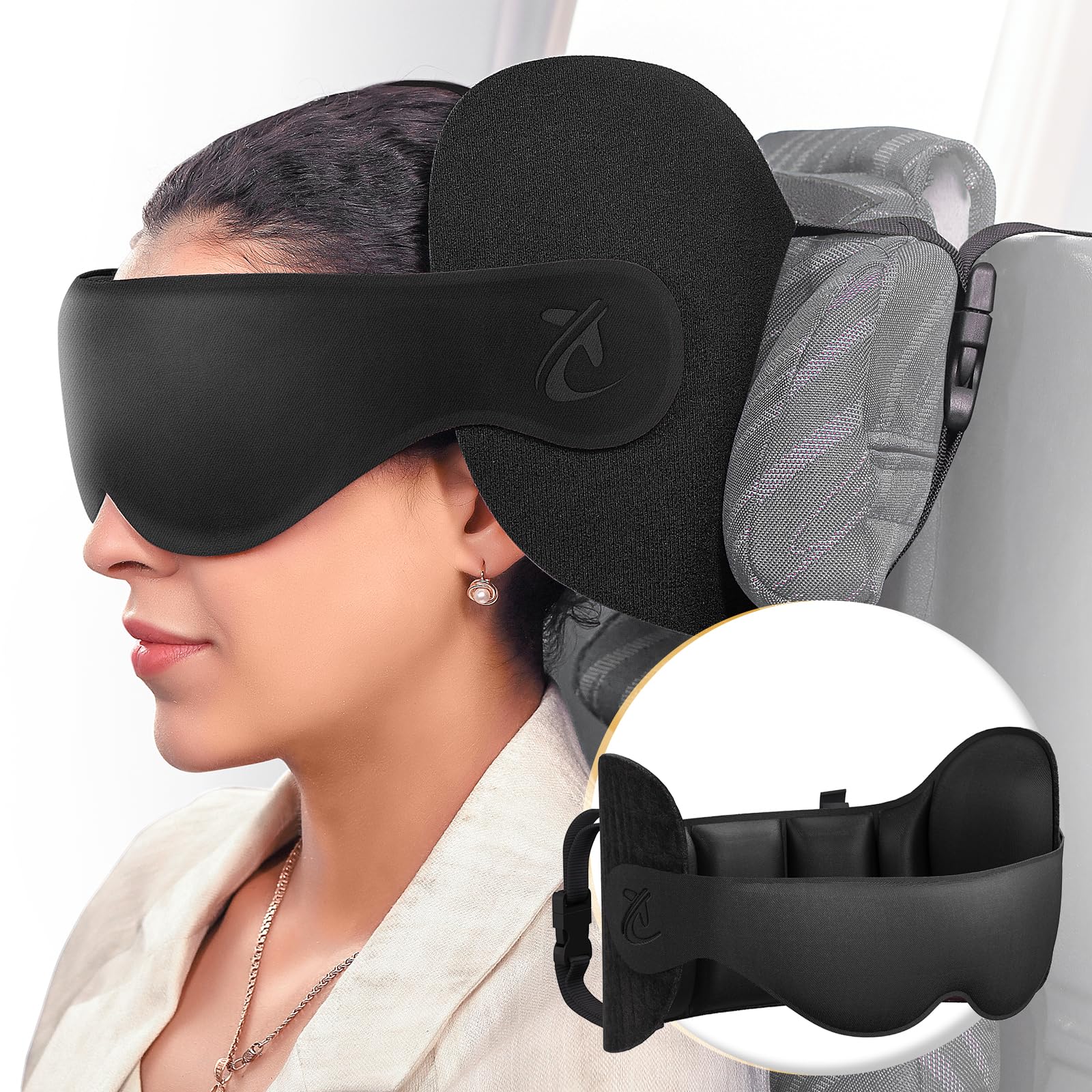 Photo 1 of Bonairest Travel Pillow, Airplane Neck Pillow for Long Flight, Oversized Head Strap with 3D Eye Mask for Sleep, 360°Support Headrest, Stop Bobblehead, Ultimate Travel Essentials for Men Women Black