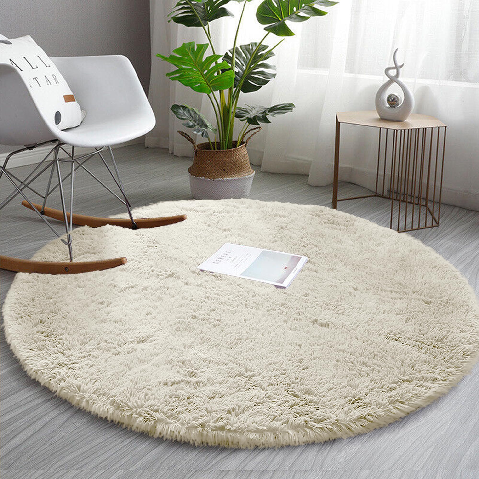 AMEHA Round Cream Shaggy Rug 120x120 cm Fluffy Soft Non Slip Circle Area Rug Nursery Kids Room Non-Shedding