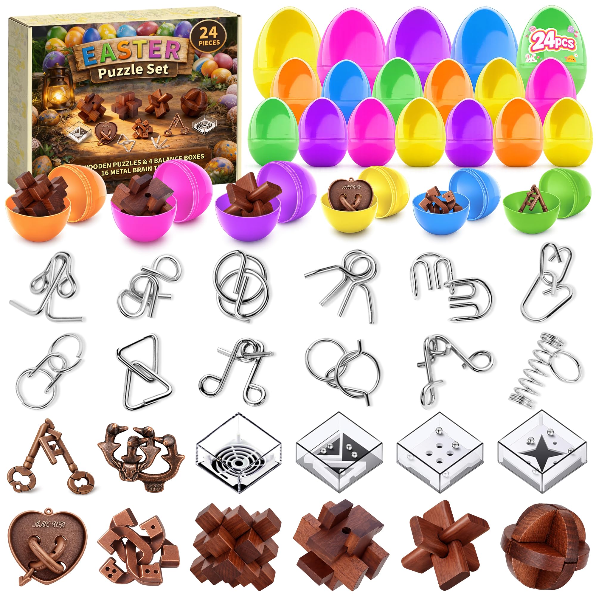 TAHAVICE 24 Pack Prefilled Easter Eggs with Metal& Wooden Brain Teaser Puzzle Set, Easter Basket Stuffers Include Fidget Toys for Teen Adults, Party Favors for Kids Boys Girls