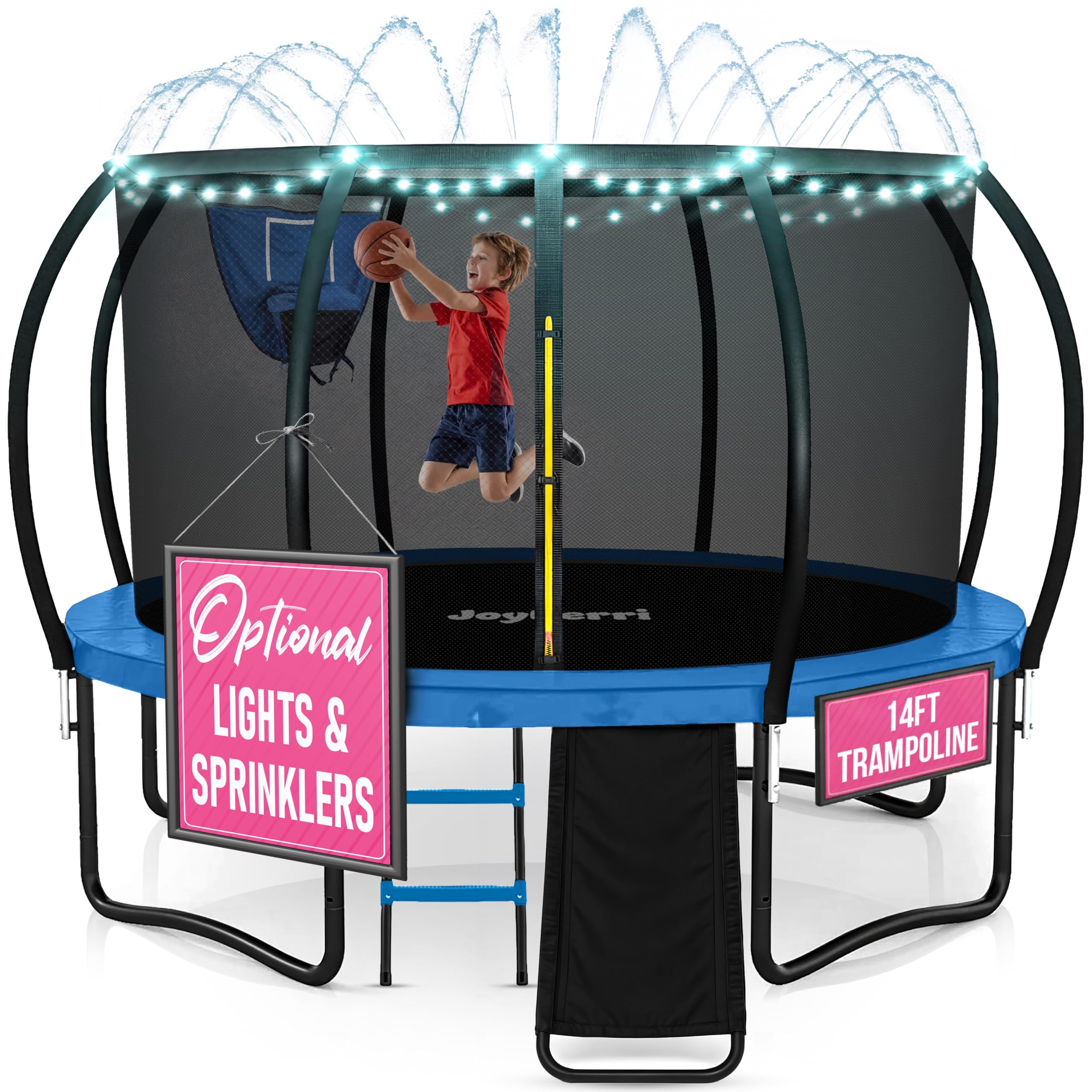 JoyBerri Trampoline Outdoor - Upsurge ASTM Certified Safe 8Ft 10Ft 12Ft 14Ft 15Ft 16Ft Recreational Trampoline for Kids and Adults. Anti-Rust Coating with Enclosure Net, Ladder, Sprinkler & LED Lights