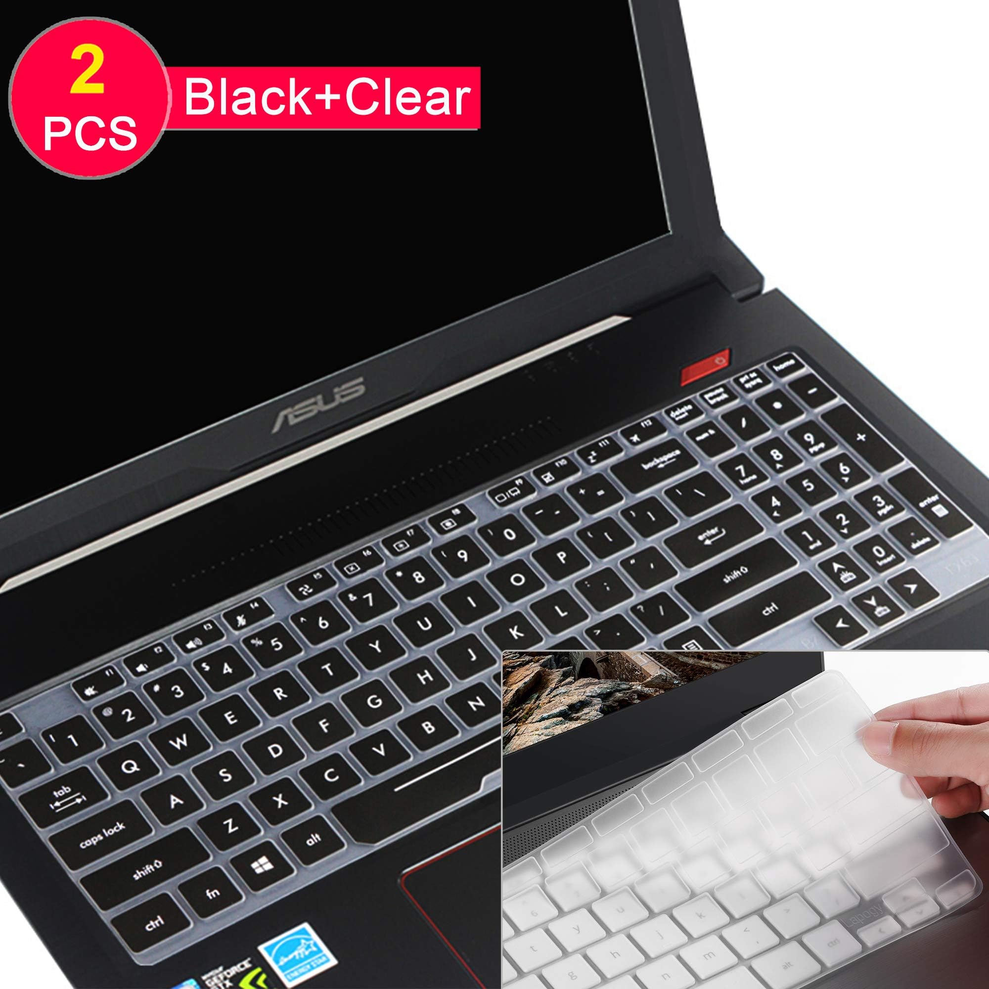 [2PCS] Lapogy Keyboard Cover for ASUS FX503VD FX504 FX505 FX705,ROG Strix GL503 GL504 GL703 GL704GM GL704GV,Soft-Touch Ultra Thin Silicone Protective Skin(Black+Clear)