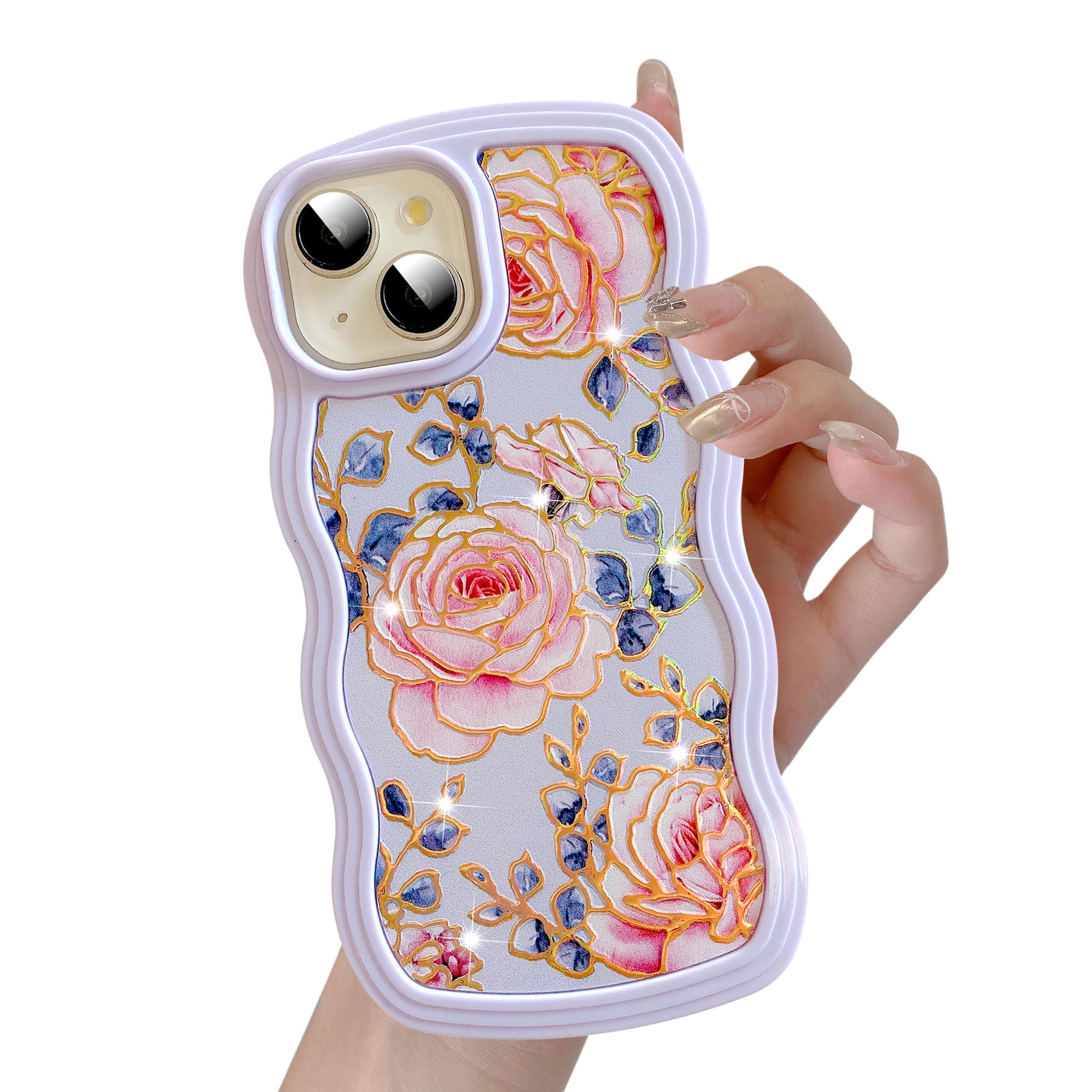 UEEBAI for iPhone 14 Case & iPhone 13 Case 6.1″, Floral Wave Frame Cute Curly Anti-slip Flower Case with Aesthetic Pattern, TPU Slim Bumper Shockproof Protective Cover for Women Girls - Purple Rose