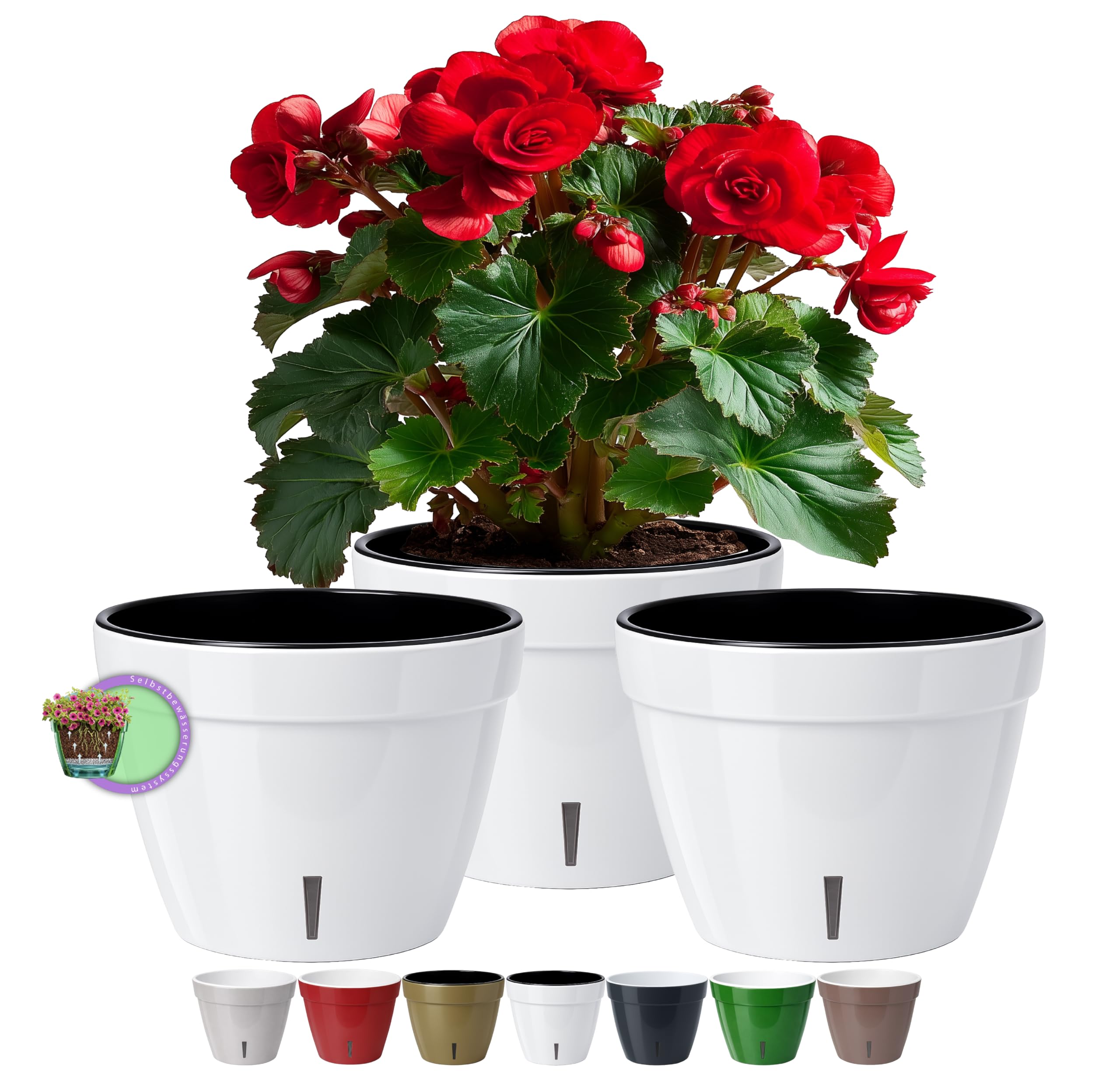 Santino ASTI 7.1 Inch Self Watering Planters (SET OF 3) for Indoor Plants - Modern Flower Pots w/Water Level Indicator for All Plants, African Violets and Dahlias - (Ø 7.1 Inch, 2.5 L, WHITE/BLACK) — image 1