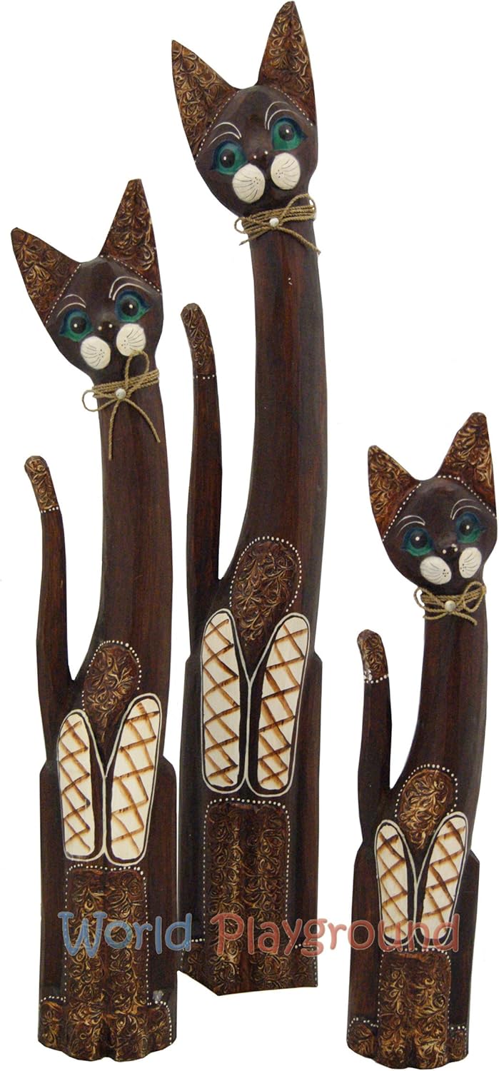 FAIR TRADE ORNATE / ELEGANT TALL WOODEN CATS SET OF 3 CAT ORNAMENTS