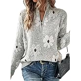 Flamingals Long Sleeve V Neck Sweaters for Women High Neck Half Zip Floral Pattern 2025 Trendy Cute Pullover Sweater Tops