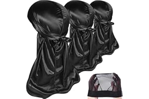 ROYBENS 3PCS Silky Durags Pack for Men Waves, Satin Doo Rag, Award 1 Wave Cap,N
