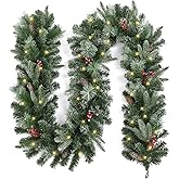 OasisCraft 9FT Christmas Garland with Pine Cones, Prelit Christmas Garland Greenery Outdoor Lighted Pine Garland, Mantle Garland Christmas Holiday Decoration Indoor (Berries, 9ft)