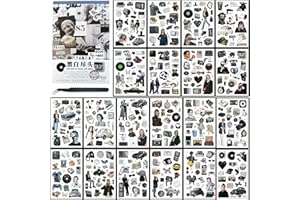 AHMAGEN Washi Stickers for Journaling, 20 Sheets/325pcs Vintage Journal Stickers for Scrapbook Supplies, Ephemera Sticker Book for Adults Black White Scrapbooking Stickers with Tweezers for DIY Paper Crafts