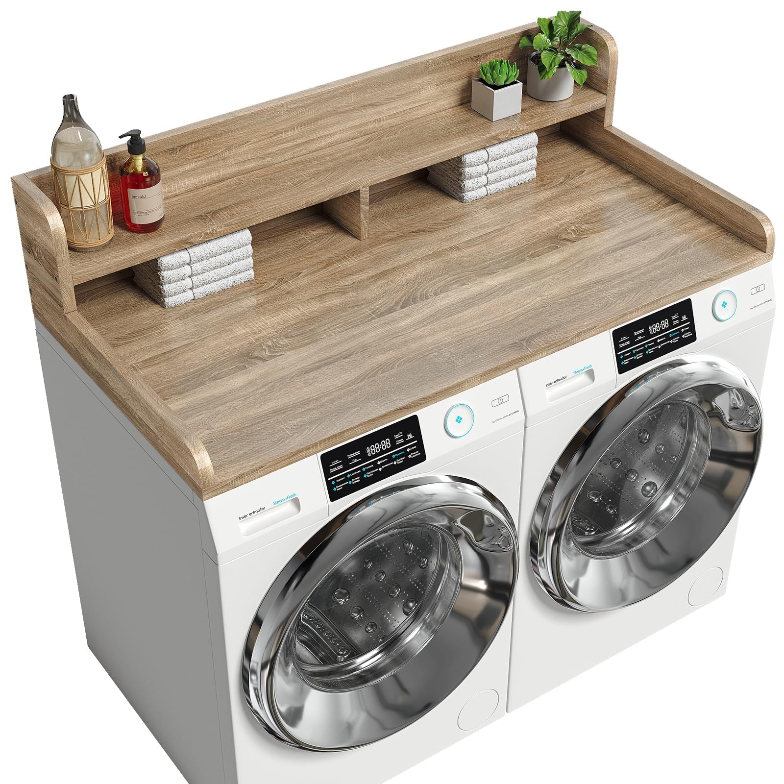 Photo 1 of ***CORNER  DAMAGED***2-Tier Washer Dryer Countertop with 2.75" H Edge Rails, 54" W x 27.55" D Laundry Countertop for Folding Clothes, Washer and Dryer Topper with Non-Slip Pad (White Oak)***CORNER DAMAGED***