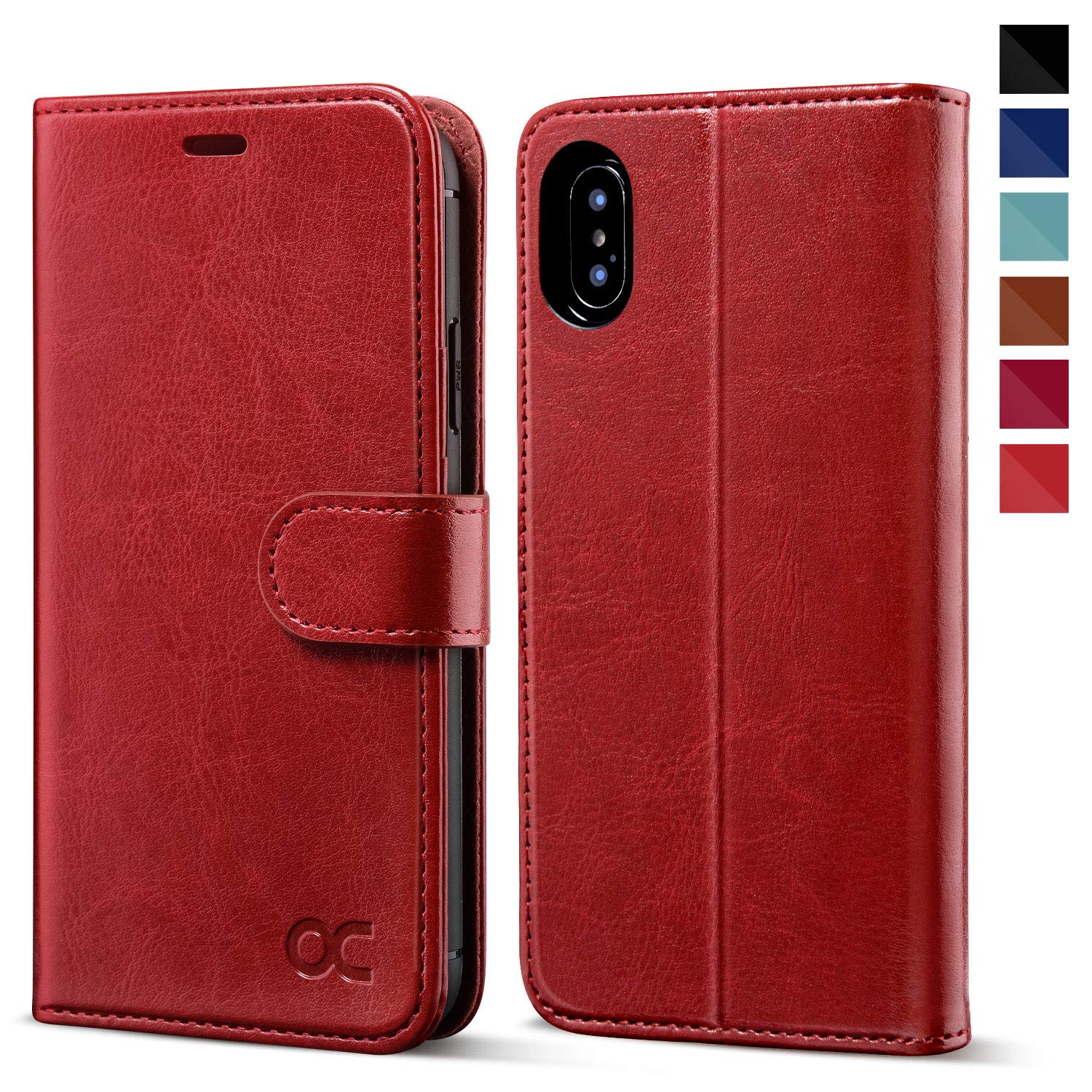 OCASE for iPhone X/XS Case, PU Leather Wallet, Magnetic Flip Folio Cover with Card Holders, Shockproof TPU, and Kickstand for 5.8 Inch iPhone 10, Red