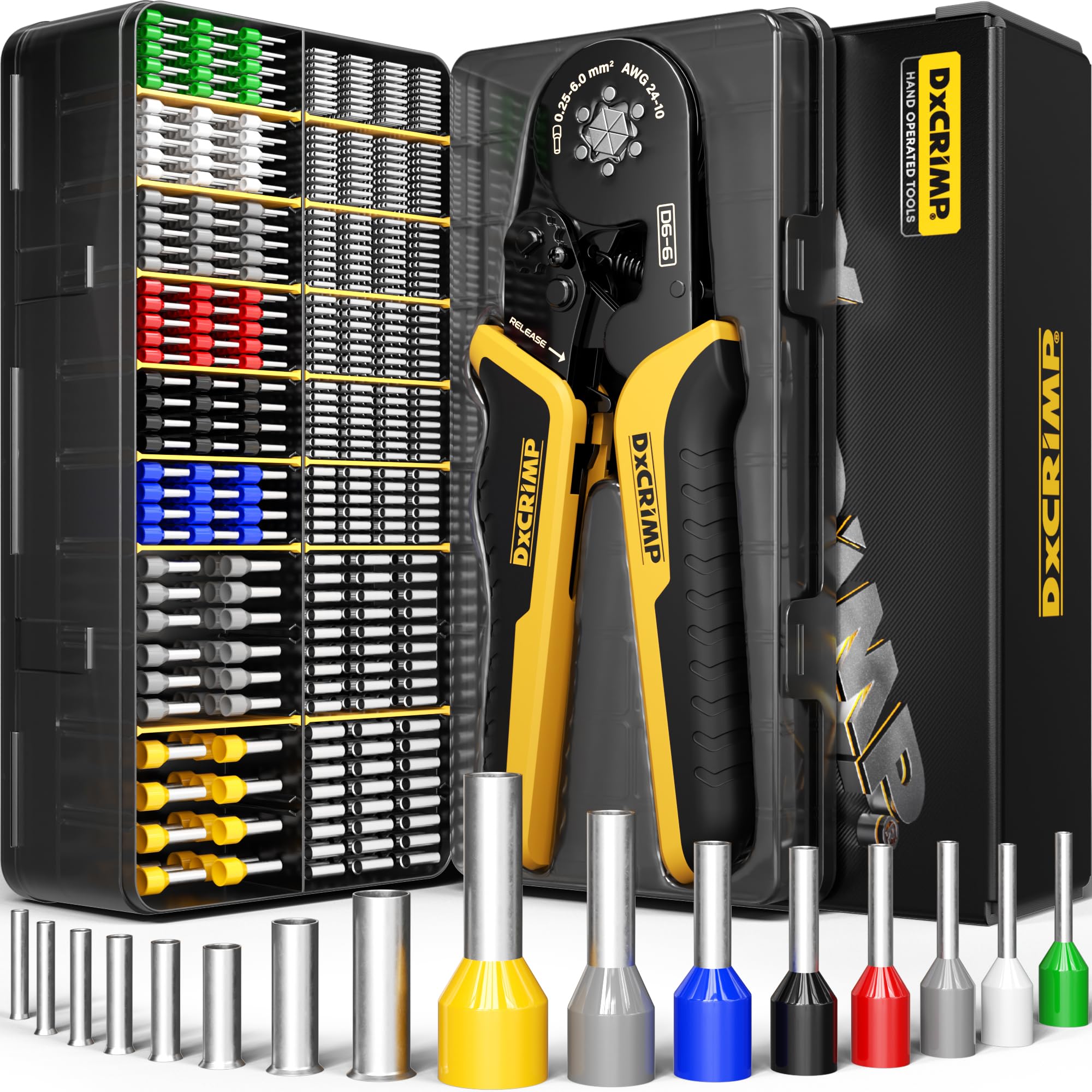 DxCRIMP Hexagonal Crimping Tool Kit with 16 Types (1120pcs) Wire Ferrules, 0.25-6mm² (24-10 AWG) Ratchet Crimper Pliers, Insulated & Non-Insulated Bootlace Ferrules for Electrical Wiring & DIY