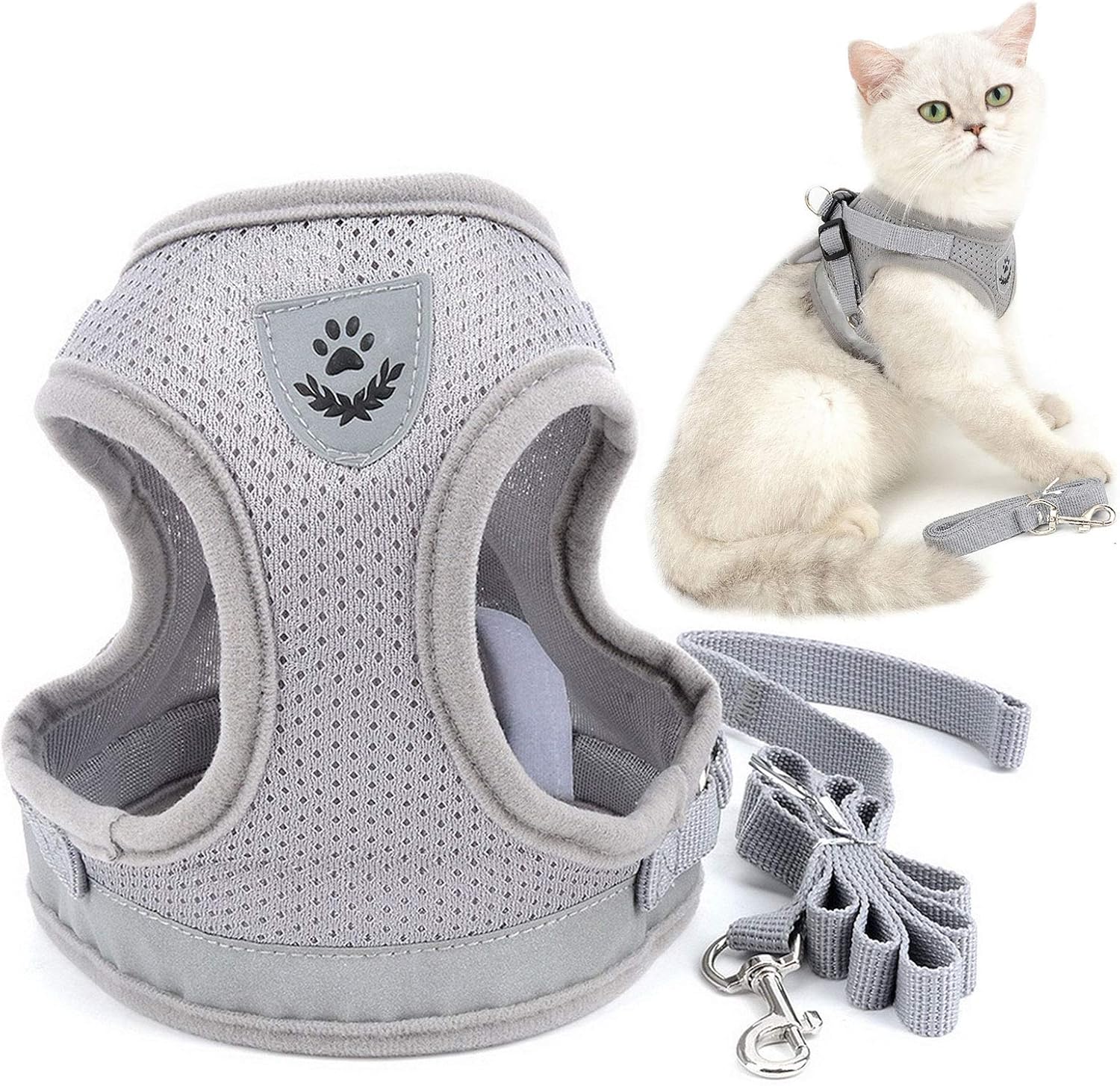 SMALLLEE_LUCKY_STORE Soft Mesh Refective Cat Harness and Lead Set Escape Proof Adjustable No Pull Choke Safe Walking Jacket for Small Dogs Puppy Kitten,Grey Small