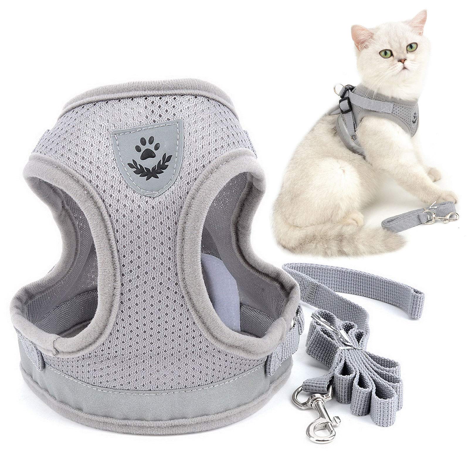 SMALLLEE_LUCKY_STORE Soft Mesh Refective Cat Harness and Lead Set Escape Proof Adjustable No Pull Choke Safe Walking Jacket for Small Dogs Puppy Kitten,Grey Medium