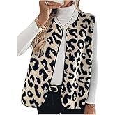 GORGLITTER Women's Leopard Print Fleece Vest Coat Button Up Sleeveless V Neck Fall Winter Gilet