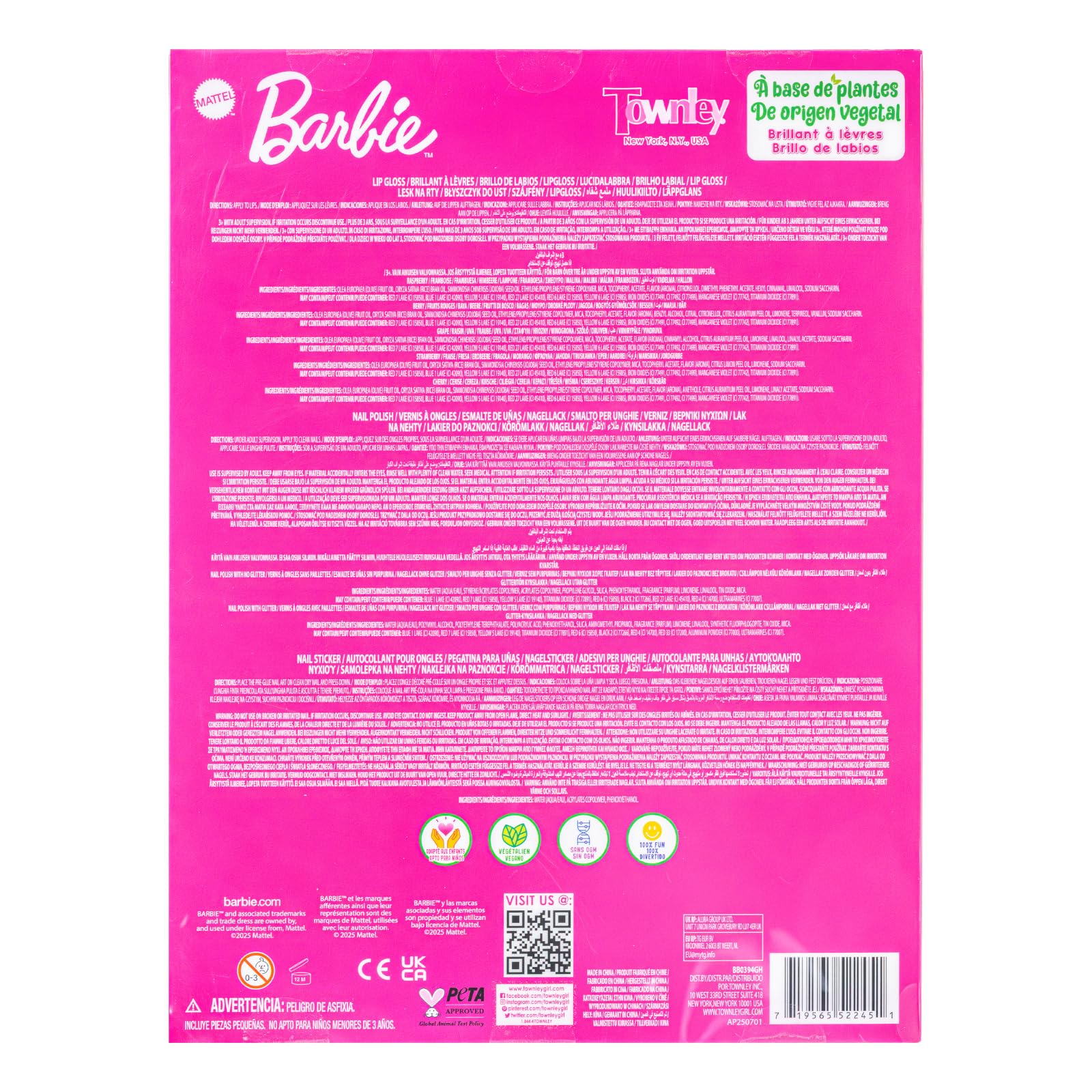 Barbie Cosmetic Makeup Set for Girls with Super Sparkly Lip Gloss Nail Polish and Nail Stickers 11 Pieces, Perfect for Parties Sleepovers Makeovers, Birthday Holiday Gift, Ages 3+, By Townley Girl