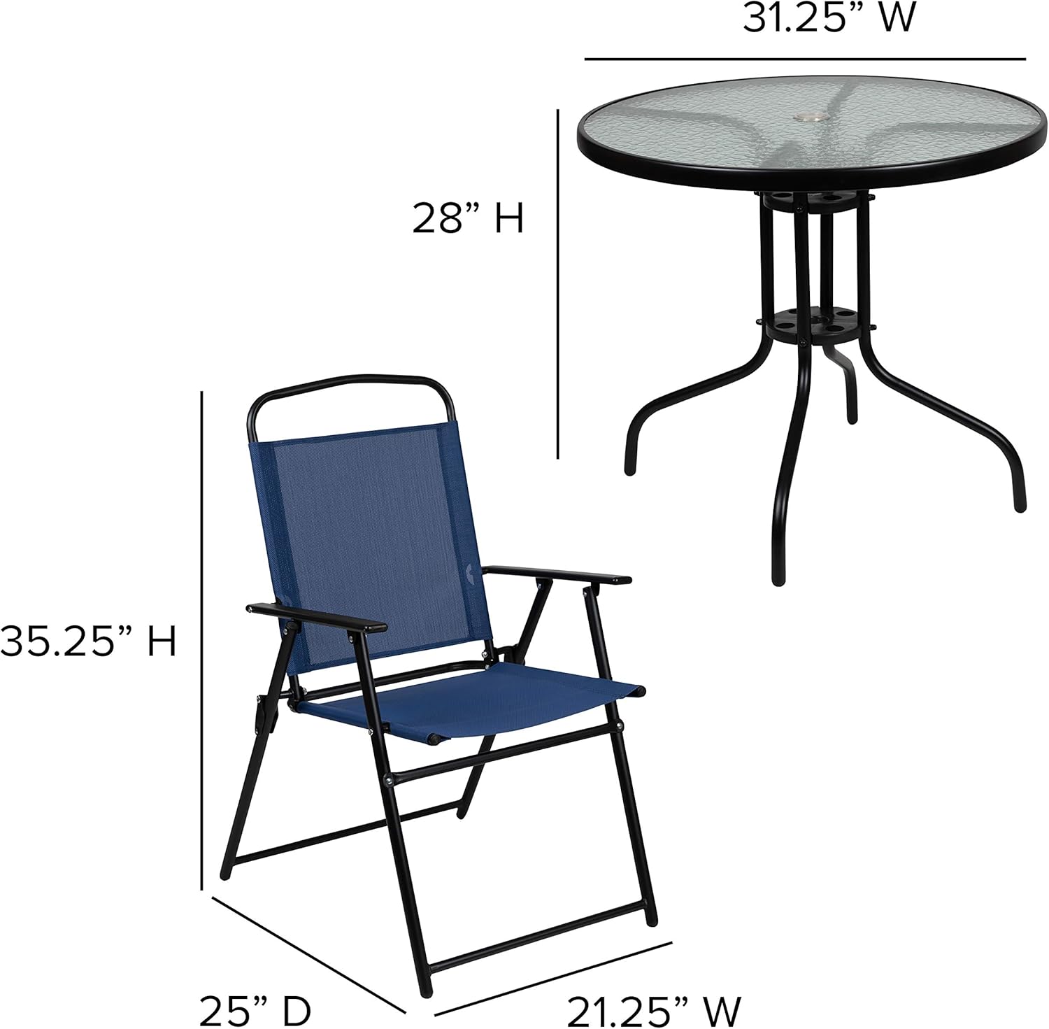 Flash Furniture Nantucket 6 Piece Patio Garden Table Set - Umbrella Table - Set of 4 Navy Folding Chairs : Garden & Outdoor