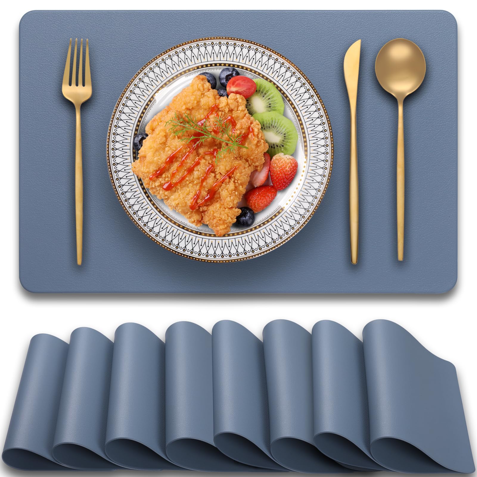 Blibalaskr PVC Heat Resistant Placemats Set of 8,Waterproof Wipeable Floor Place Mats,Non-Slip Easy Clean Table Mats for Kitchen Table Decor,12x18 Inch (Blue)