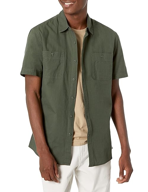 Amazon Essentials Men's Regular-Fit, Short-Sleeve Button-Down Chambray Shirt - Olive, X-Small