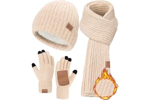 REMIFA Women Winter Warm Knit Hat Beanie Long Neck Scarf Touchscreen Gloves Set Fleece Skull Cap Christmas Gifts for Men Women Teen