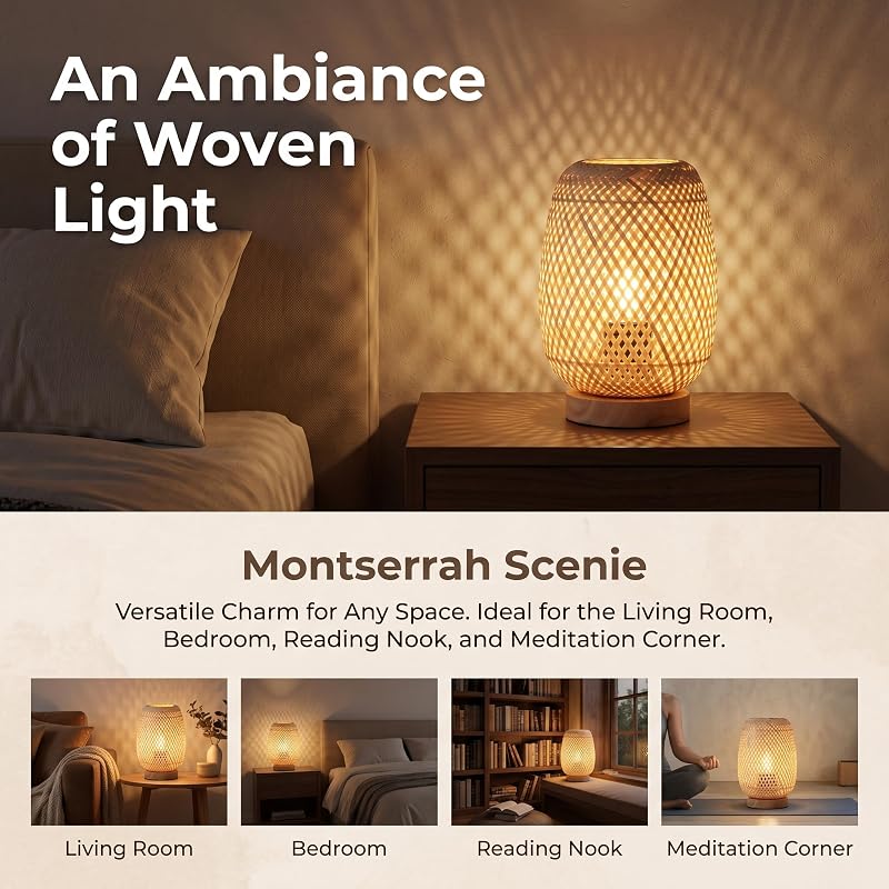BARCELONA LED – Candeeiro de mesa em vime e madeira "Ruka" – Design feito à mão com abajur em treliça. Rústico, estilo Boho Natural. E27 – Candeeiro de mesa ideal para sala de estar, quarto.