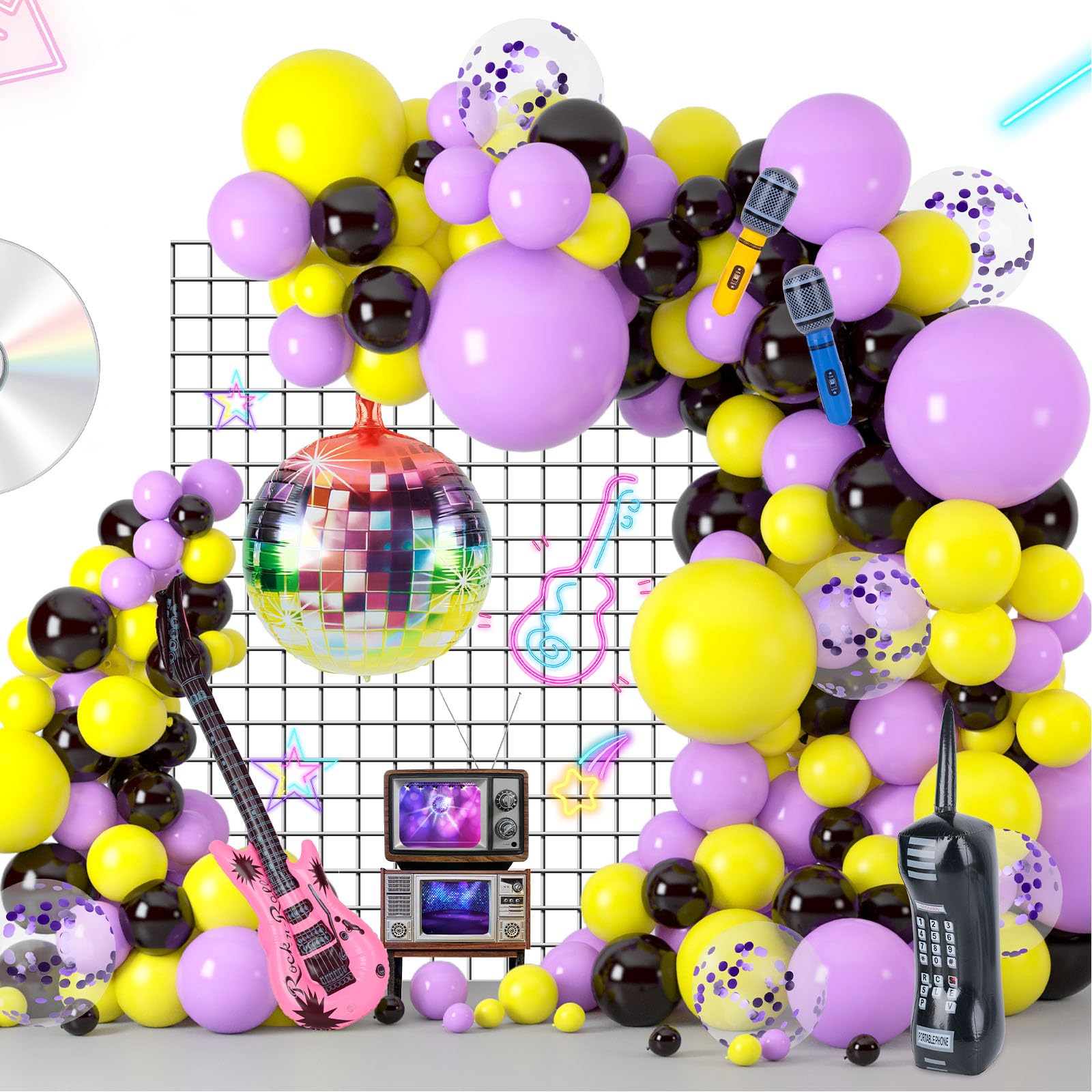 Photo 1 of MCPINKY 90s Theme Party Decorations, 140PCS Balloon Garland Arch Different Size Inflatable Disco Ball Retro Mobile Phone Guitar Microphone Balloons for Back to 80s Hip Hop Birthday Party Supplies