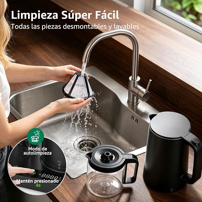 Cafetera de Goteo 3‑en‑1, 1600W, 1.3L/8 Tazas,Temp. 60‑100°C, Panel Táctil LED, 2 Filtros,Negro