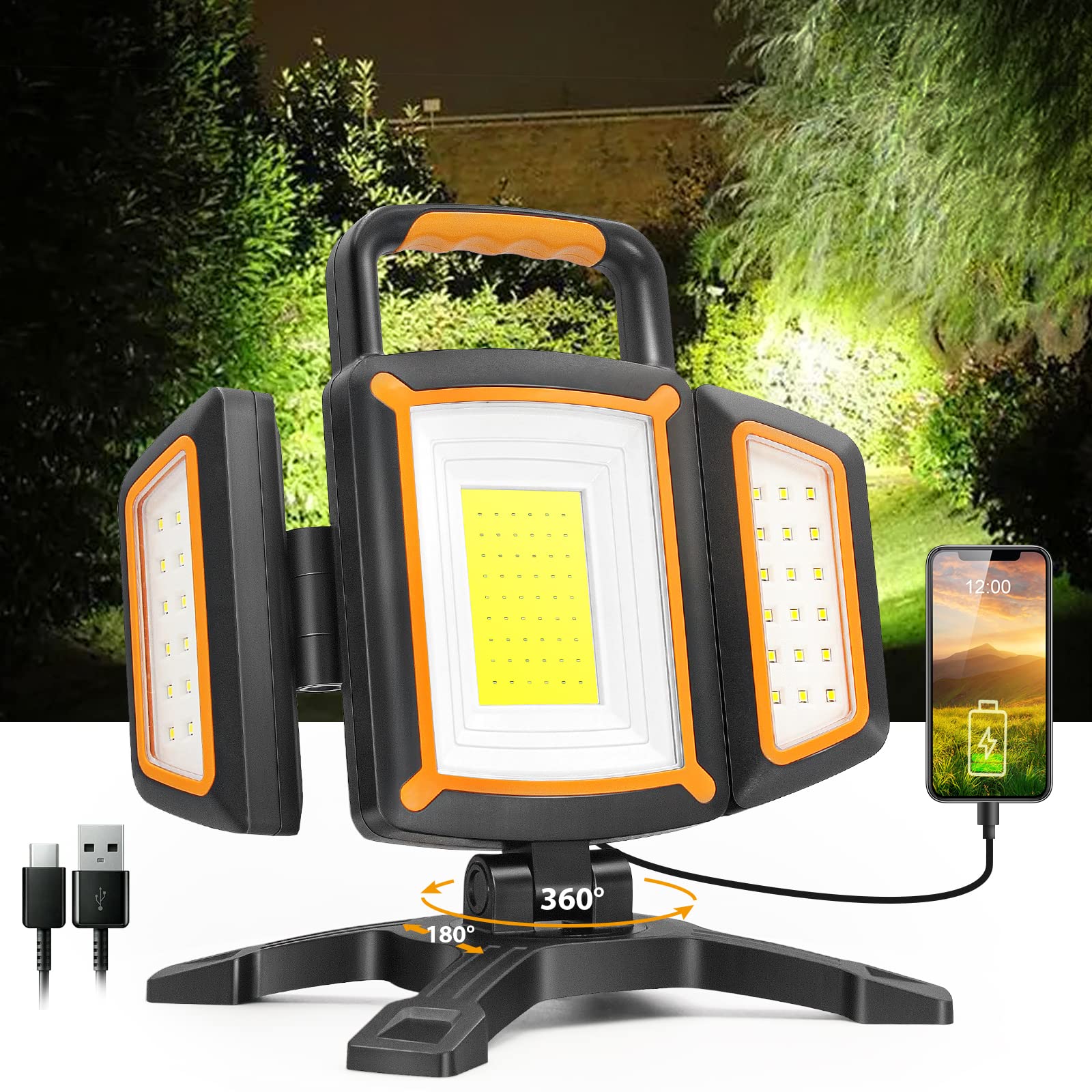 SYLSTAR LED Strahler Akku 30W, 3000LM Super Hell Baustrahler mit Magnet, 5 Lichtmodi und Powerbank, Drehbare Tragbare Wasserdichte Wiederaufladbare Arbeitsleuchte für Garage, Werkstatt