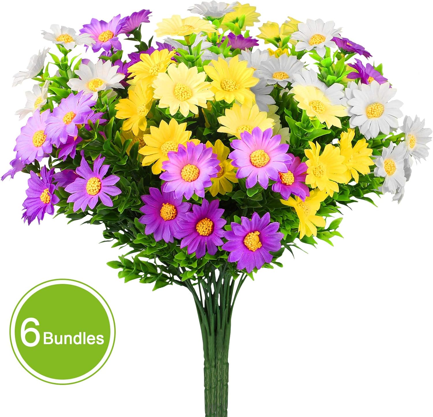 Linkstyle Daisies Artificial Flowers, 6 Pack Fake Colorful Daisy Plant Bouquet for Home Table Centerpieces Decoration, Faux Plastic Flower for Hanging Garden Porch Window Box Décor (Multi-Color)