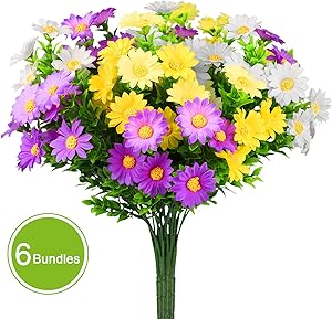 Linkstyle Daisies Artificial Flowers, 6 Pack Fake Colorful Daisy Plant Bouquet for Home Table Centerpieces Decoration, Faux Plastic Flower for Hanging Garden Porch Window Box Décor (Multi-Color)