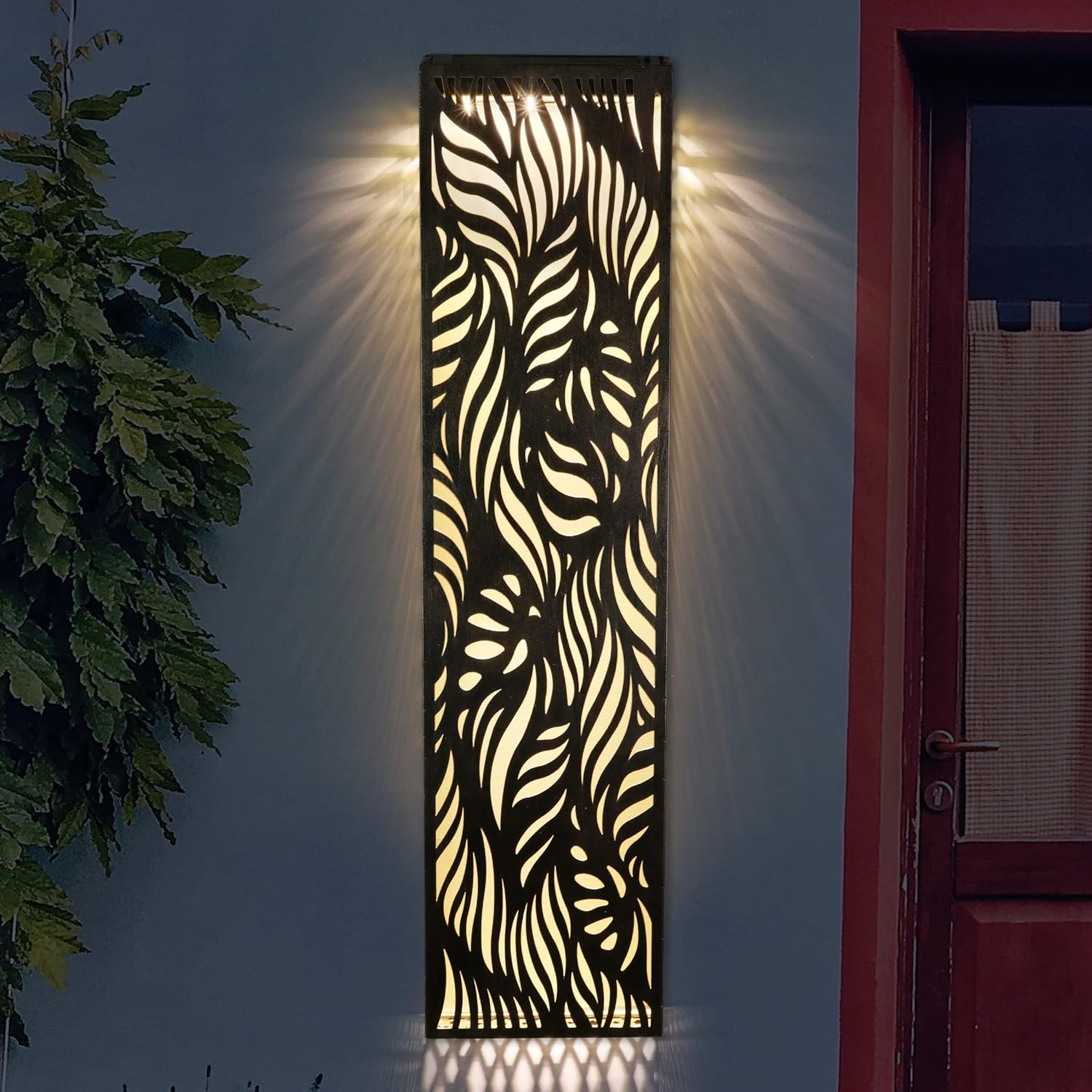 Plaques & Wall Art - Exhart Garden Solar Lights, Bronze Metal Filigree Hanging Wall Panel Art with Leaf Pattern, 17 Firefly LEDs, Outdoor Lawn and Yard Decoration, 8 x 2.5 x 33 Inch