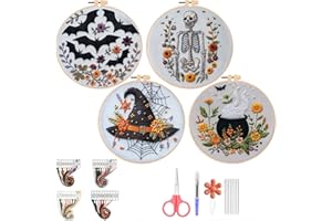 QBQBQ 4 Set Embroidery Kit for Beginners, Cross Stitch Kits Include 6 Inch Hoop, Needles, Threads, DIY Crafts for Adults, Halloween, Skull & Witch Hat Pattern, Home Decor Gift Idea