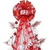 Christmas Tree Topper, 32x12 Inches Large Toppers Single Sided Bow with Glitter Satin Mesh Streamer, Red Christmas Tree Topper for Christmas Home Decoration (Red)