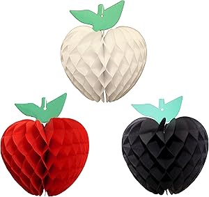 7 Inch Honeycomb Tissue Paper Apple Decoration, Set of 3 (Caribbean Themed Solid Red, White, Black)