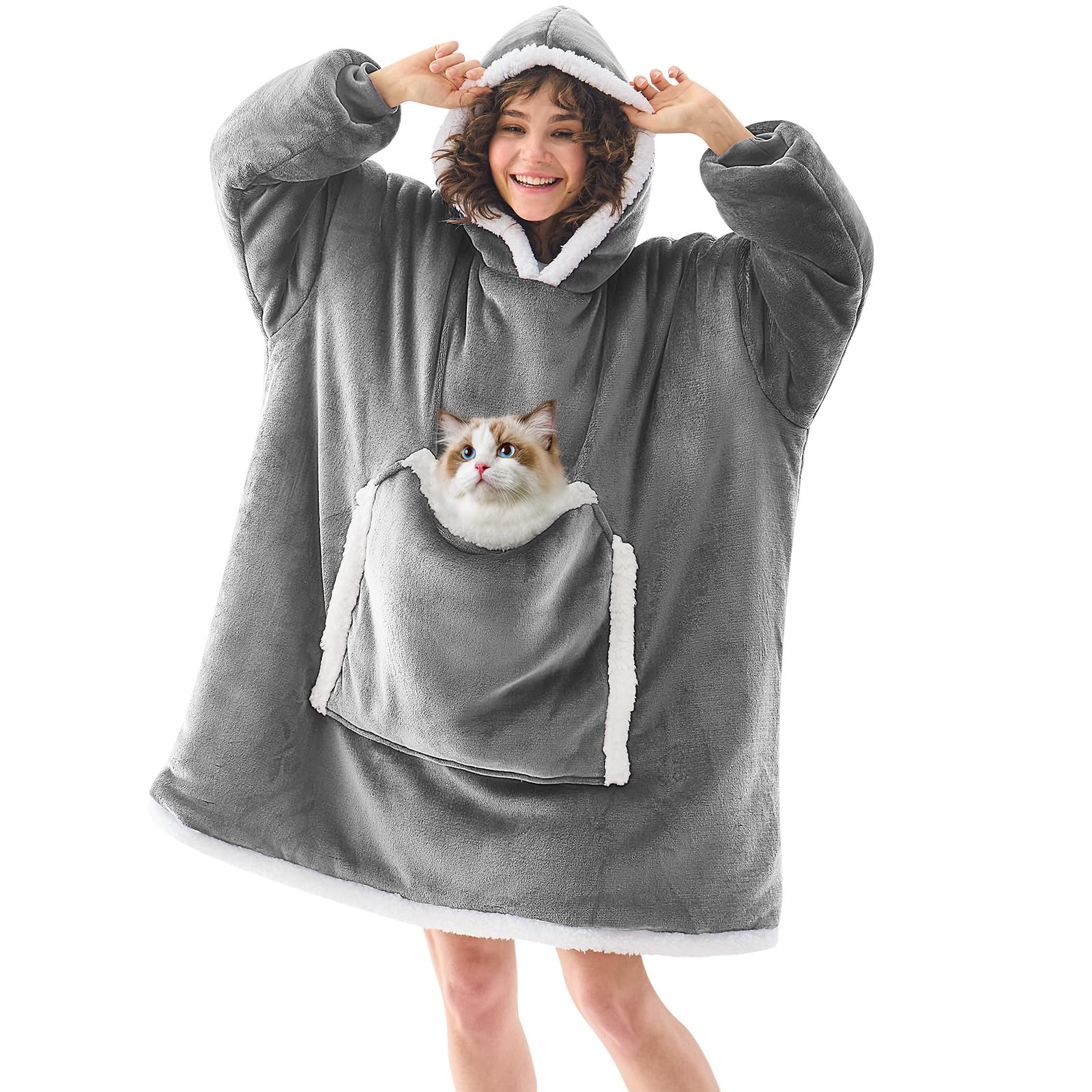 JOYWOO Wearable Blanket Hoodie,Oversized Cat Lovers Sweatshirt Blanket for Adult, Birthday Gifts for Women,Mom,Friend,Cozy Sherpa Hooded Blanket with Giant Pocket and Winter Gifts,Silver Grey Standard Image