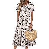 Zeagoo Womens Casual Dresses for Summer Short Sleeve Flare Midi Dress Loose Beach Sundress Pleated Front Dress with Pockets