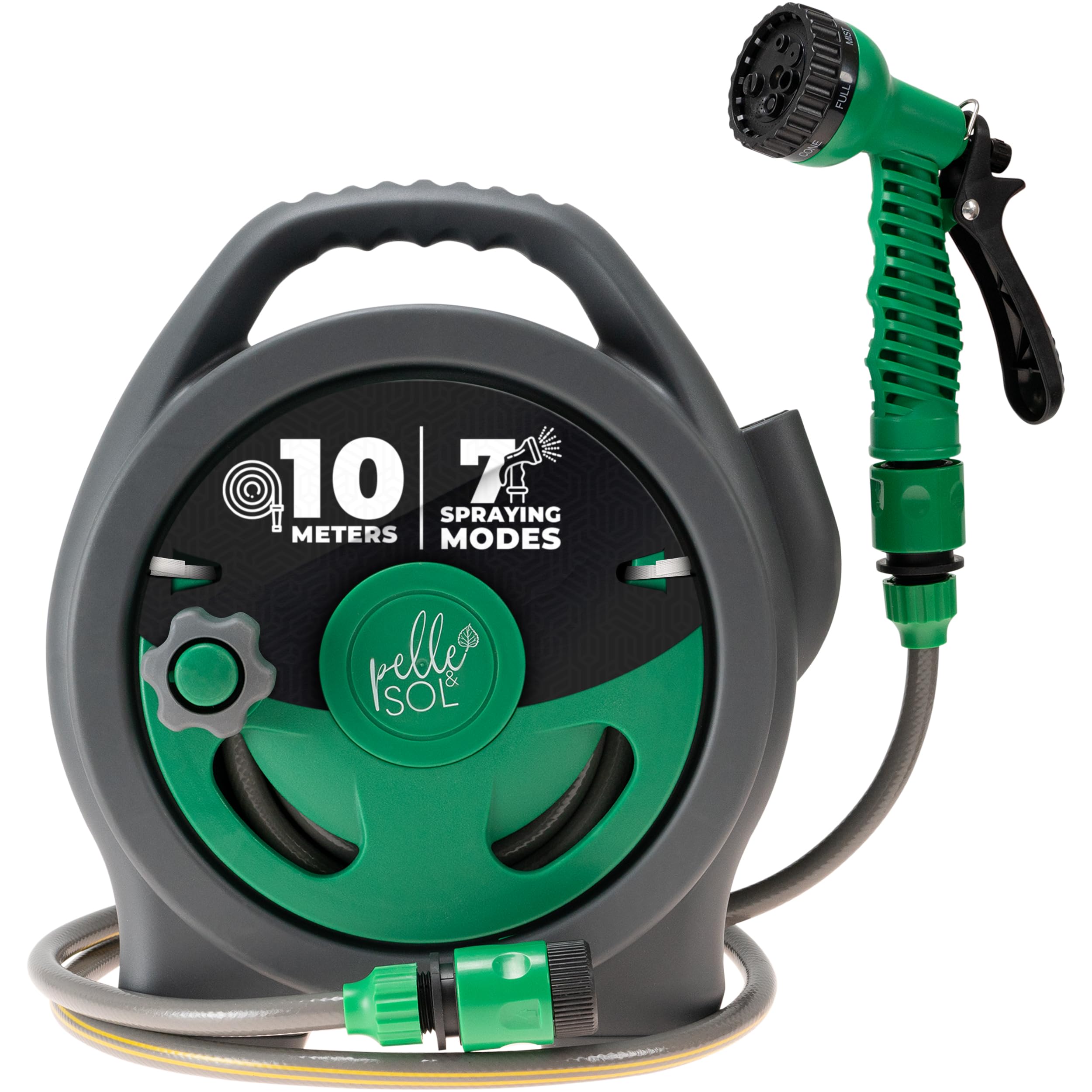 Pelle & Sol 10M Garden Hose Reel with 7 Adjustable Spray Nozzle Gun| Garden Hose with Hose Connector | Mini Hose Reel Garden Accessories | Lawn & Garden Watering Equipment - Green