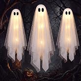 JOYIN 3PCS Hanging Halloween Decorations, Light Up Hanging Ghosts with Warm White LED Lights, One 40" &amp; Two 30" Shiny Flying Ghosts Remote with for Front Yard Patio Lawn Outdoor Halloween Decorations