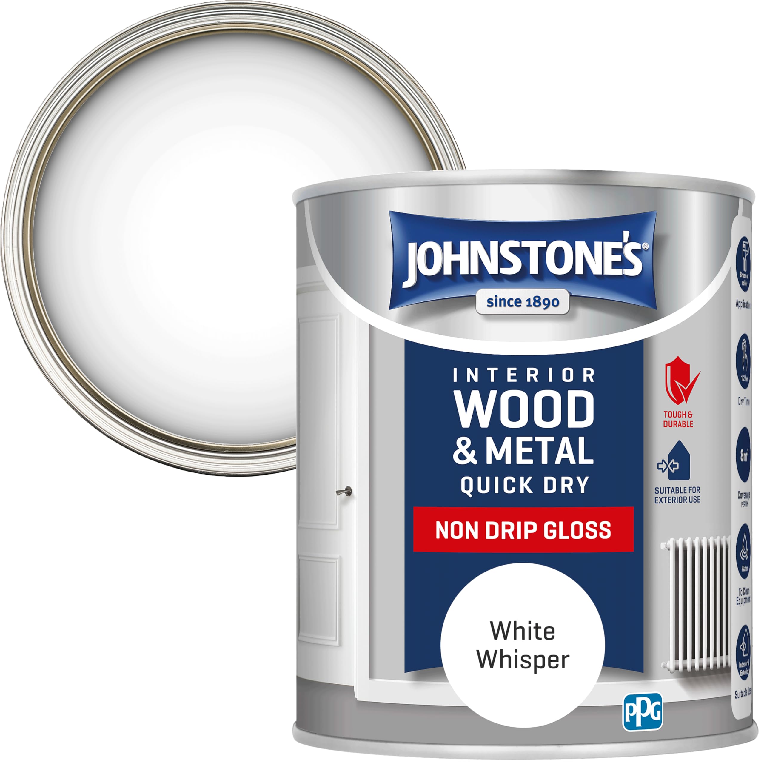 Johnstone's - Wood & Metal Paint - Gloss Finish - White Whisper - 750ml - Water Based - Non Drip & Quick Drying - Radiator Paint - Low Odour - Dry in 1-2 Hours - 8m2 Coverage per Litre