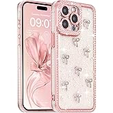 FABSPARK Case for iPhone 16 Pro,3D Silvery Ribbon Bow,Crystal Clear Glitter Diamond Rhinestone Sequin Shiny Sparkly Bling,Aesthetic Transparent Soft for iPhone 16 Pro Case - Pink/Silver Bow