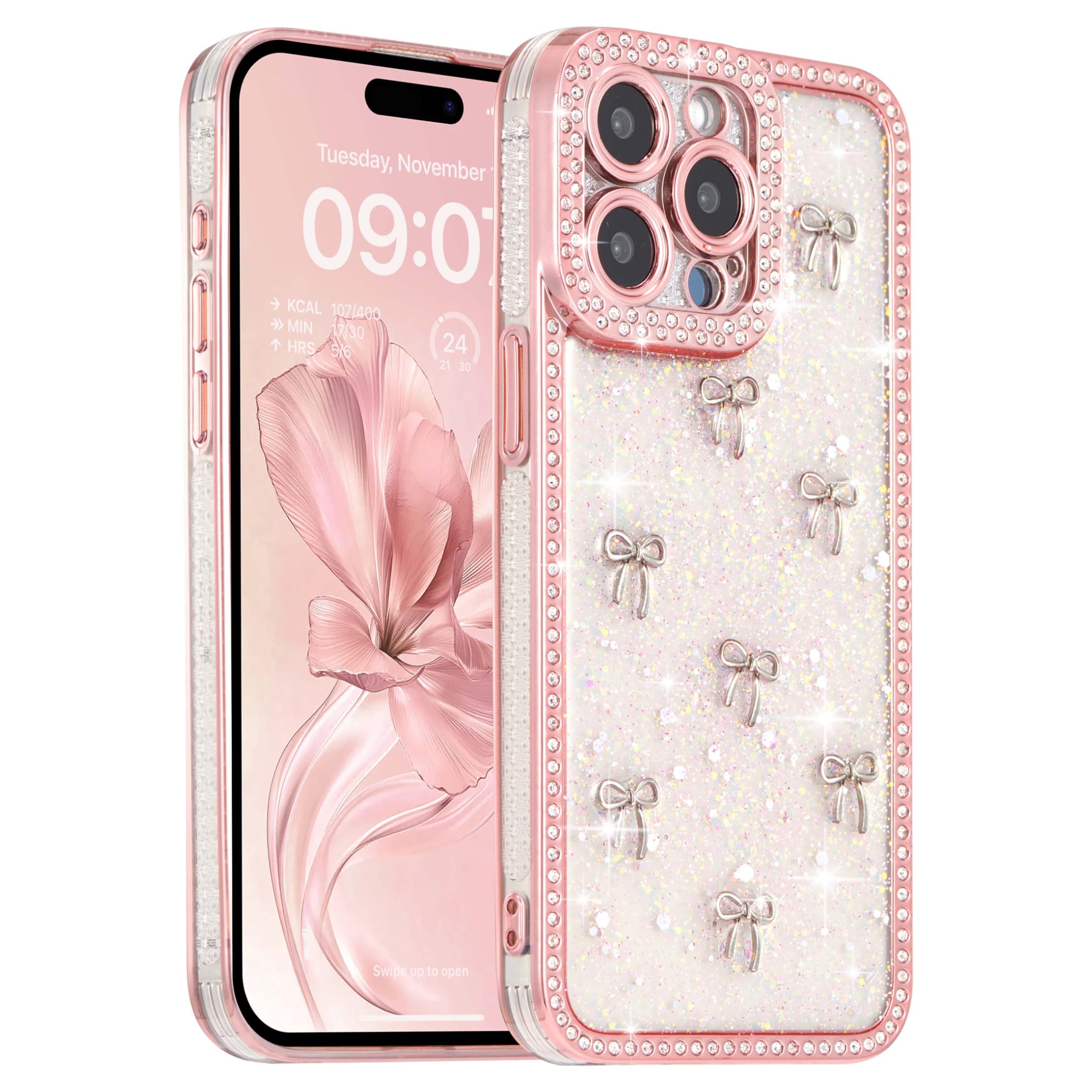 FABSPARK Case for iPhone 16 Pro,3D Silvery Ribbon Bow,Crystal Clear Glitter Diamond Rhinestone Sequin Shiny Sparkly Bling,Aesthetic Transparent Soft for iPhone 16 Pro Case - Pink/Silver Bow
