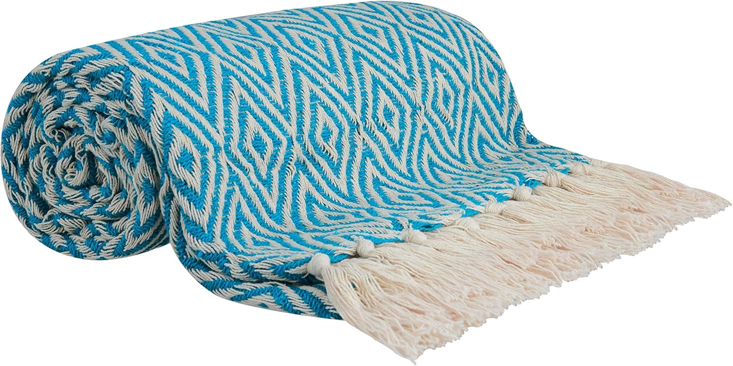Turquoise Throw Blanket for Couch Striped Knit Blue Throw Blanket with Tassels Decorative