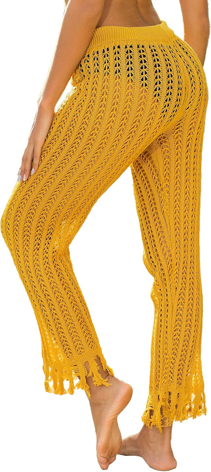 Womens Long Crochet Pants Coverup Casual Loose Net Bathing Suit Cover