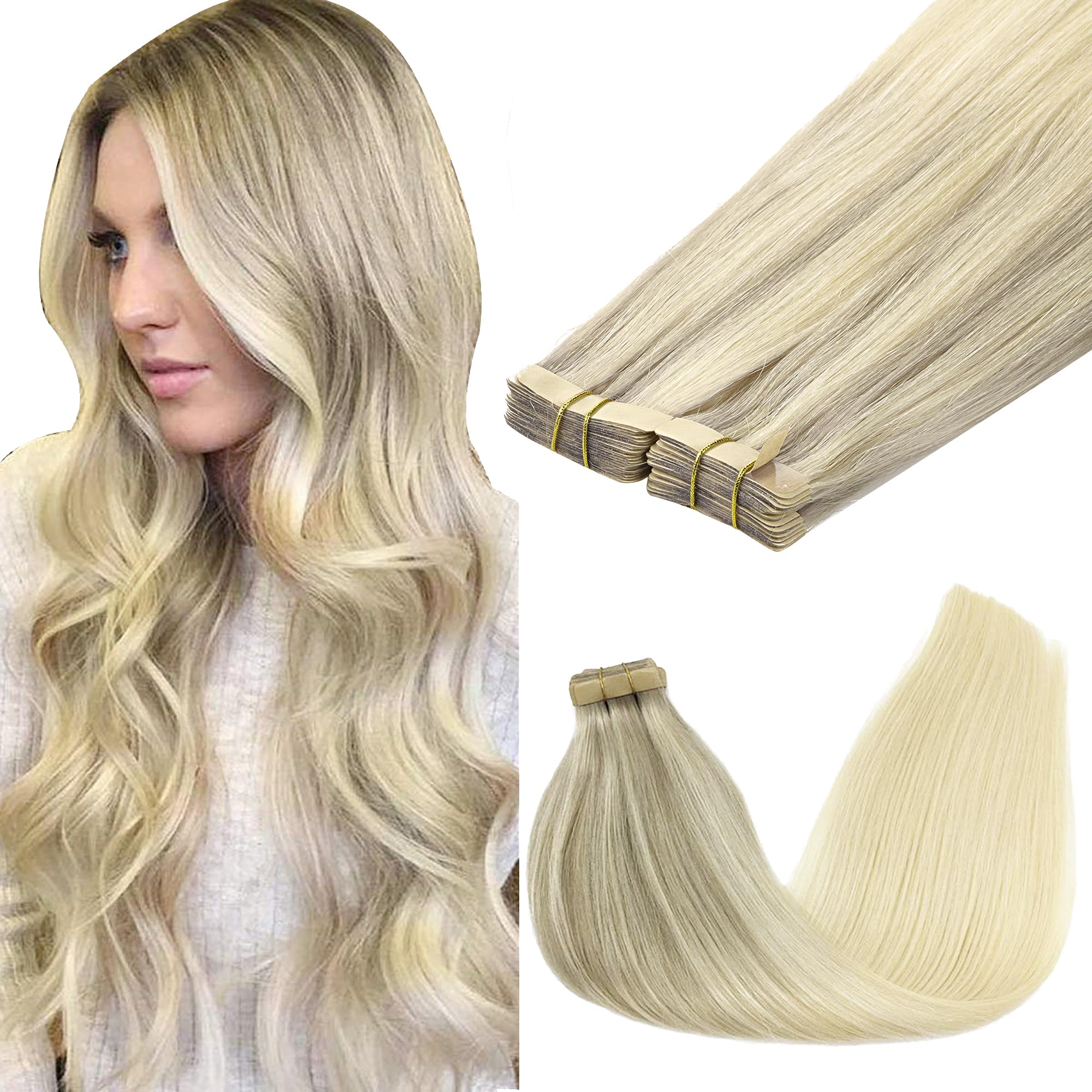 GOO GOO Tape in Hair Extensions human hair, tape Hair Extensions, 24inch 100g 40pcs, Human Hair Extensions, 17/22/60 Ash Blonde Ombre โ image 1