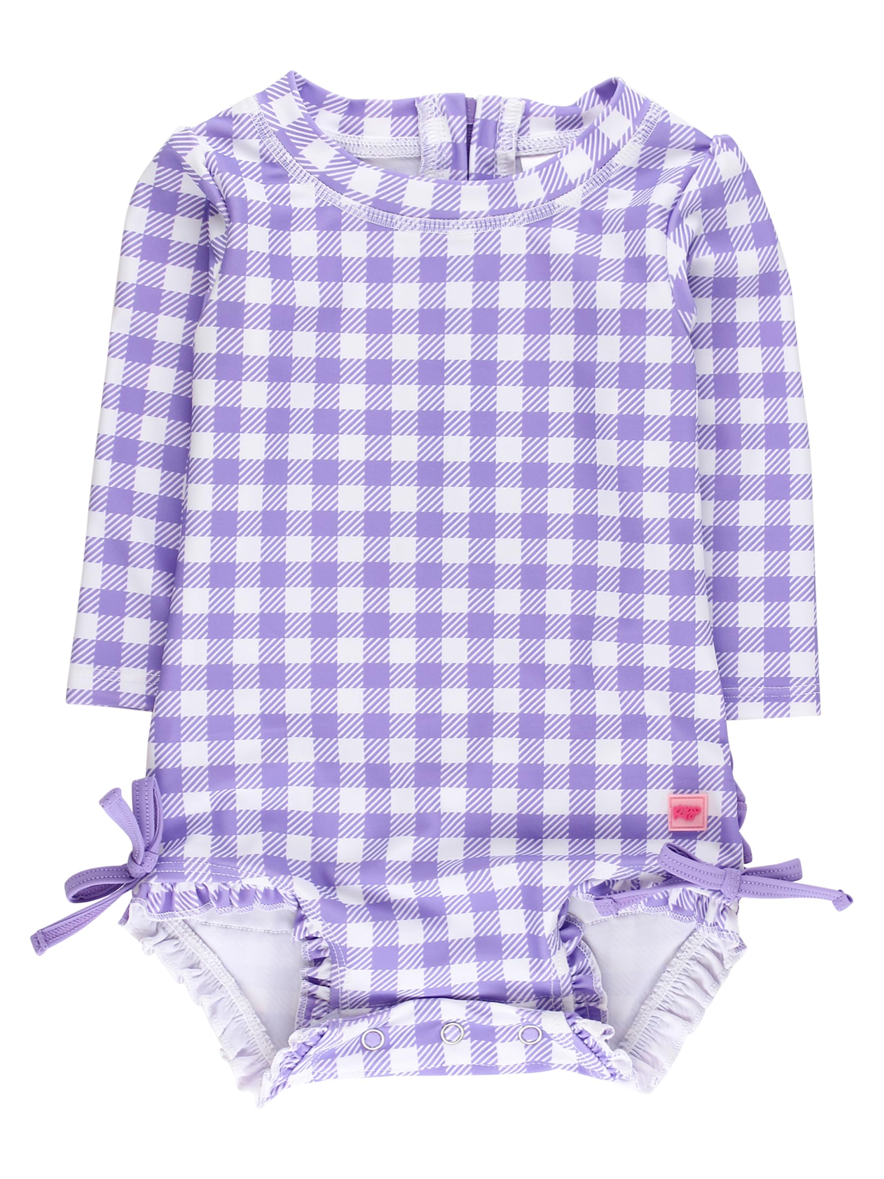 RuffleButts Baby Girls UPF 50+ Sun Protection Gingham Printed Long Sleeve One Piece Rash Guard Swimsuit with Zipper - Wisteria Purple Gingham, 12-18m Image