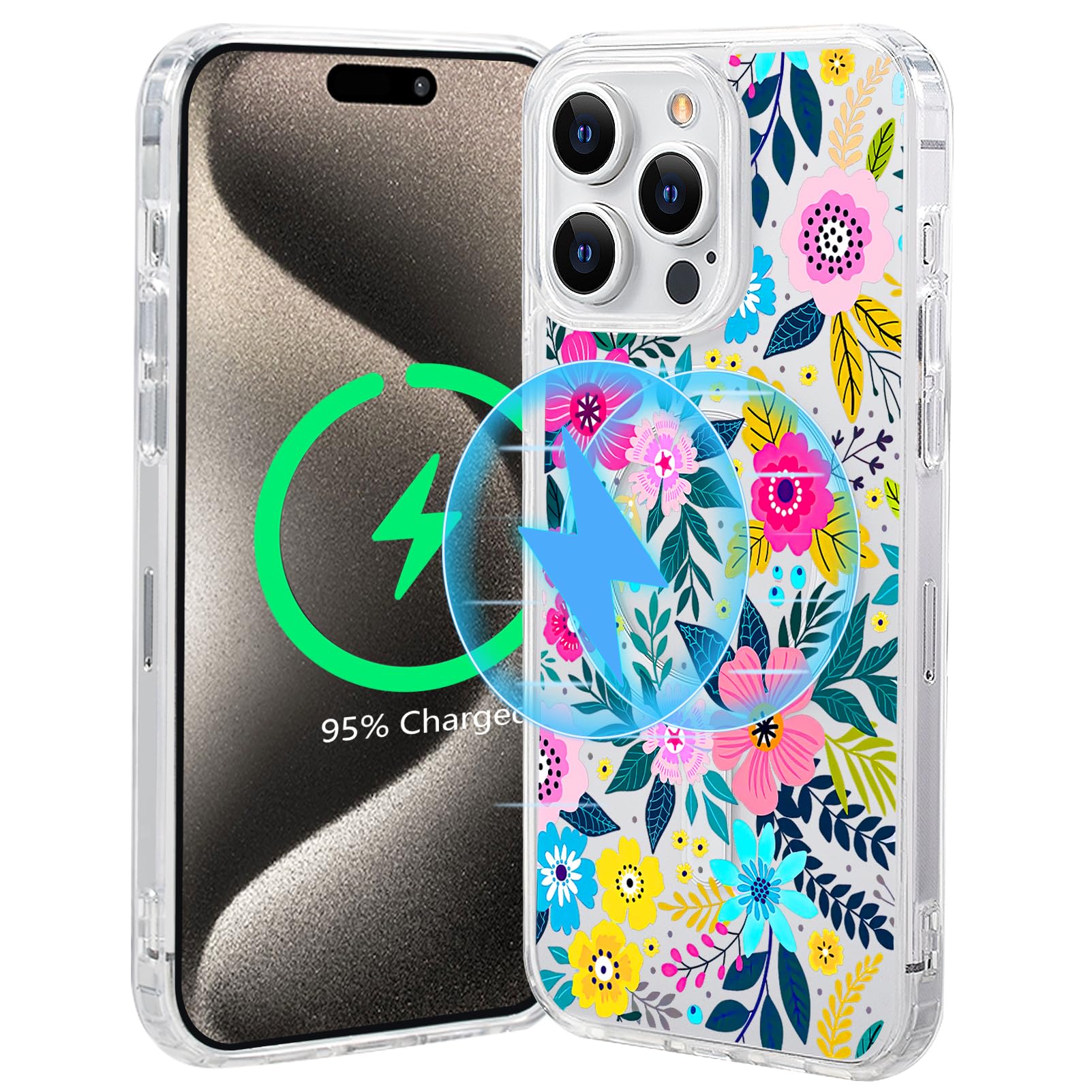 Tcaraersing for iPhone 15 Pro Magnetic Clear Flower