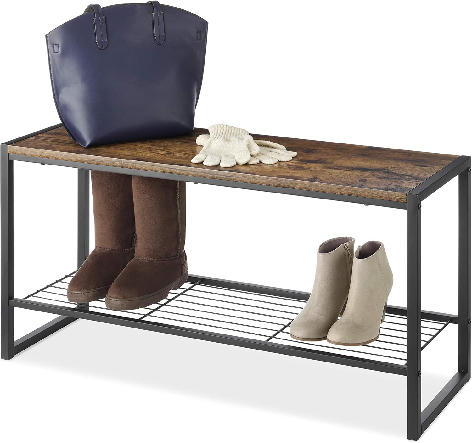 Whitmor Modern Industrial Entryway Bench w/Shoe Storage, Brown: Home & Kitchen